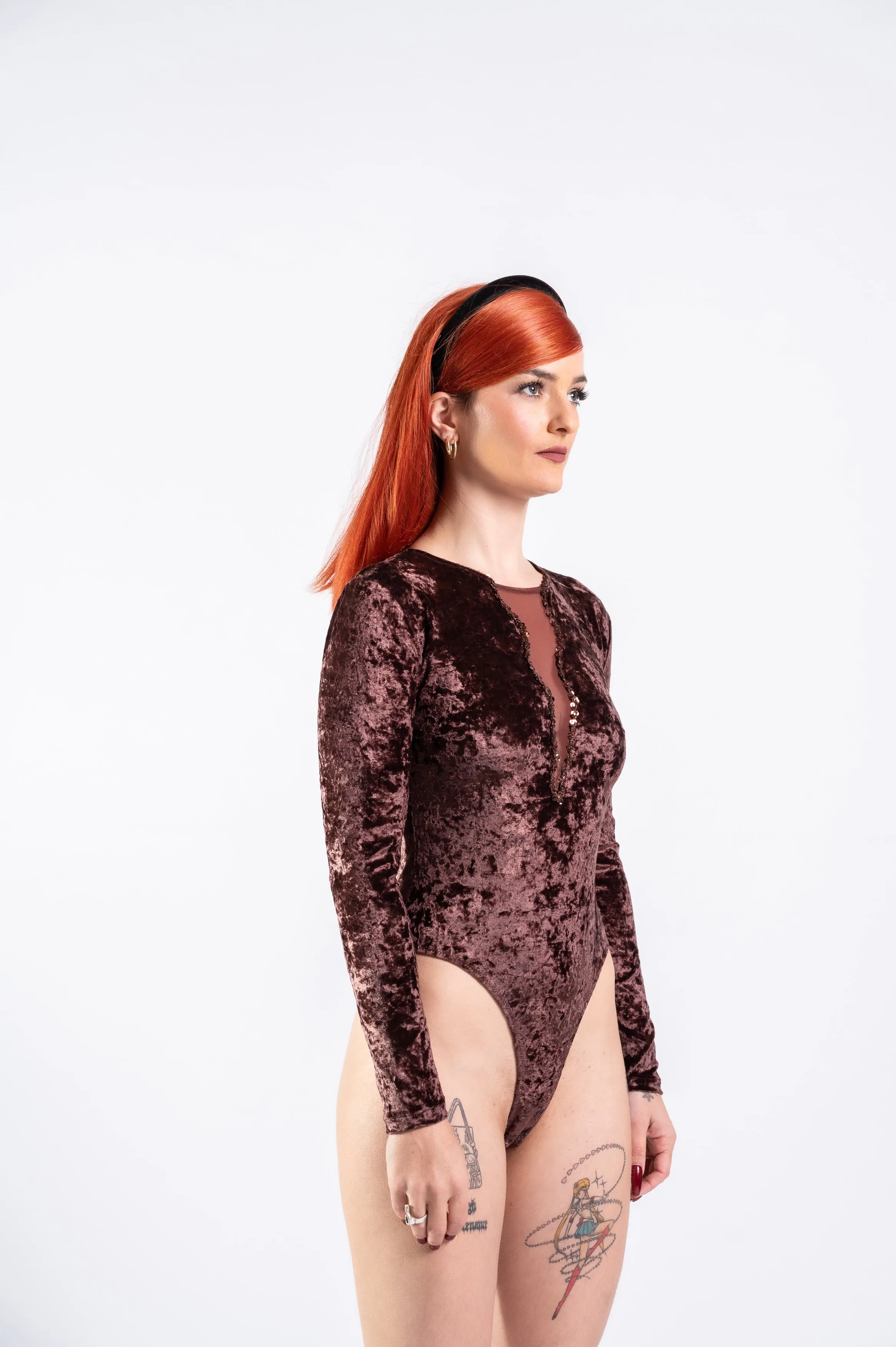 90s Chocolate Brown Sequin Velvet Bodysuit