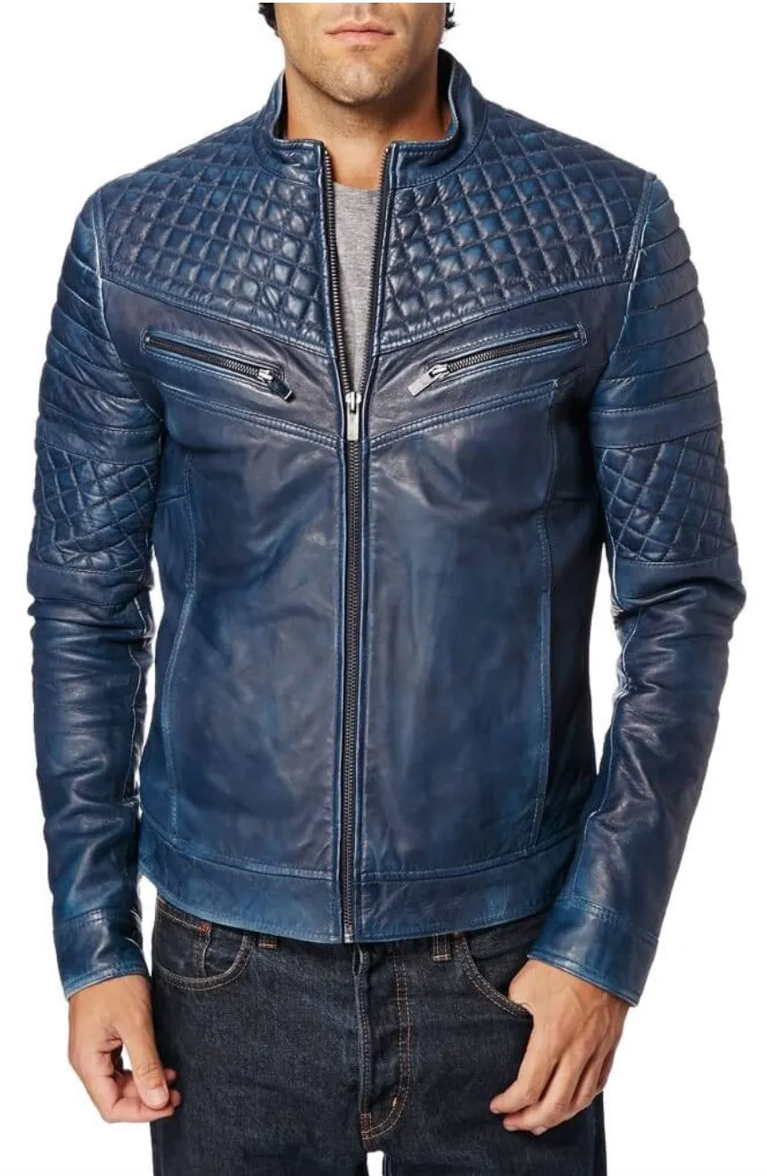 Acko Blue Leather Jacket Men Biker Motorcycle