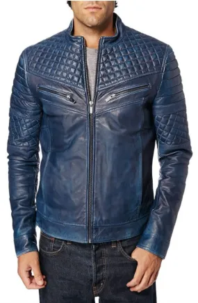 Acko Blue Leather Jacket Men Biker Motorcycle