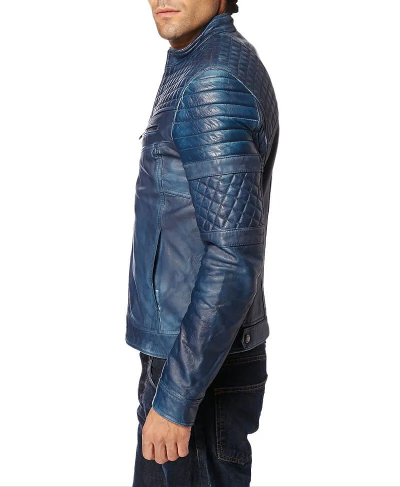 Acko Blue Leather Jacket Men Biker Motorcycle