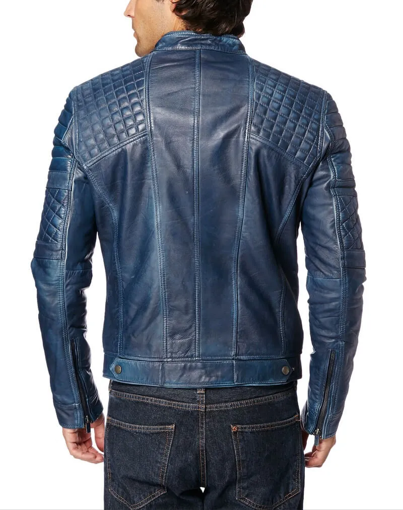 Acko Blue Leather Jacket Men Biker Motorcycle