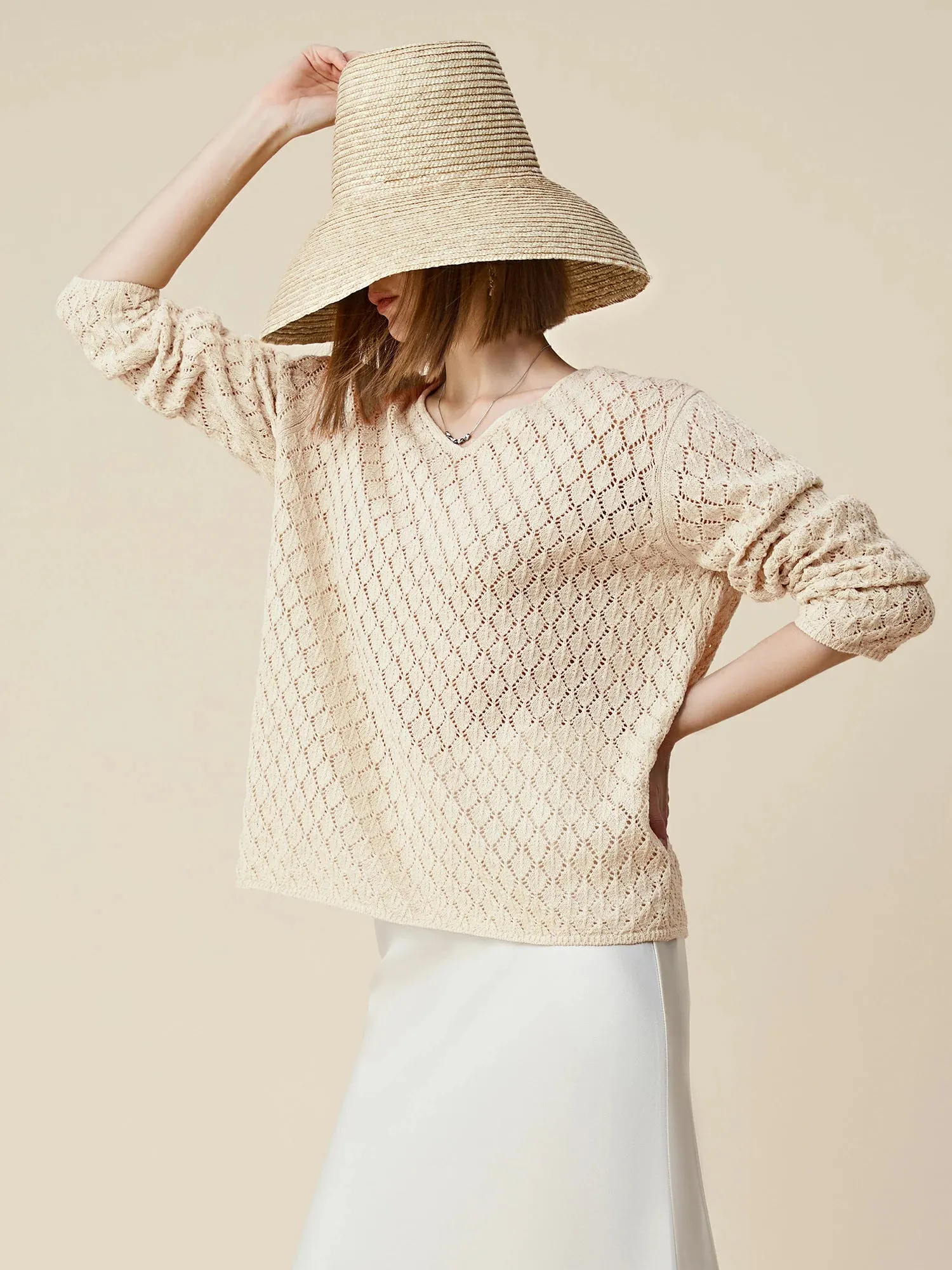 Amoretu Lyocell & Linen Openwork Sequin Knitted Top