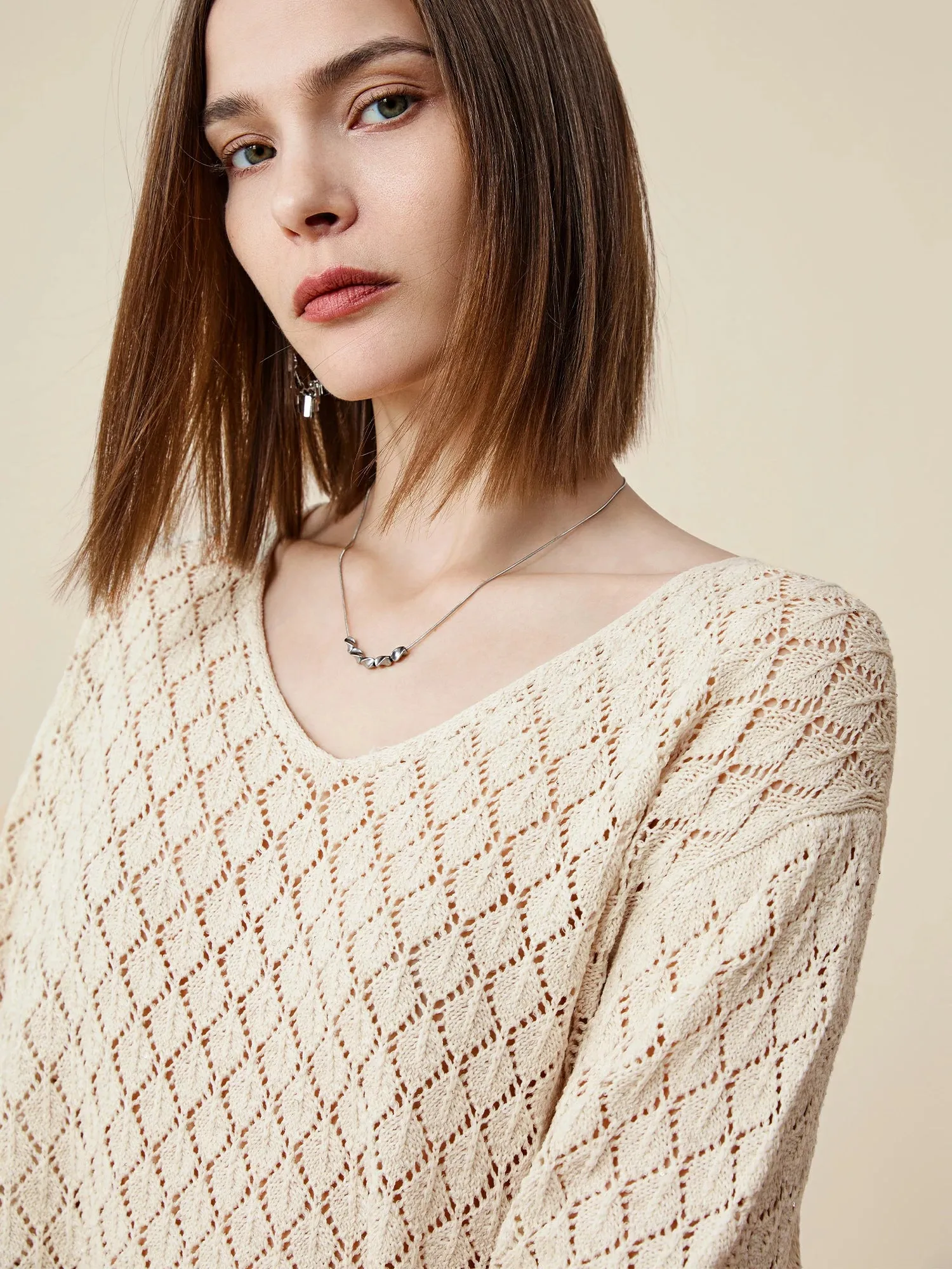 Amoretu Lyocell & Linen Openwork Sequin Knitted Top