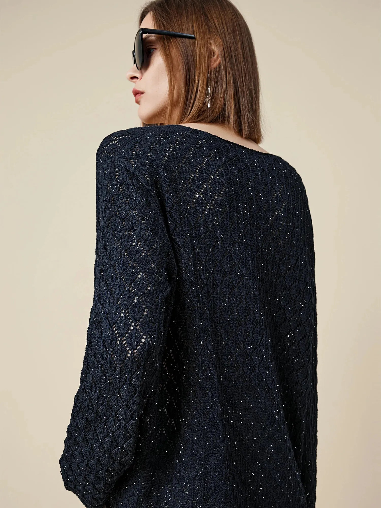 Amoretu Lyocell & Linen Openwork Sequin Knitted Top