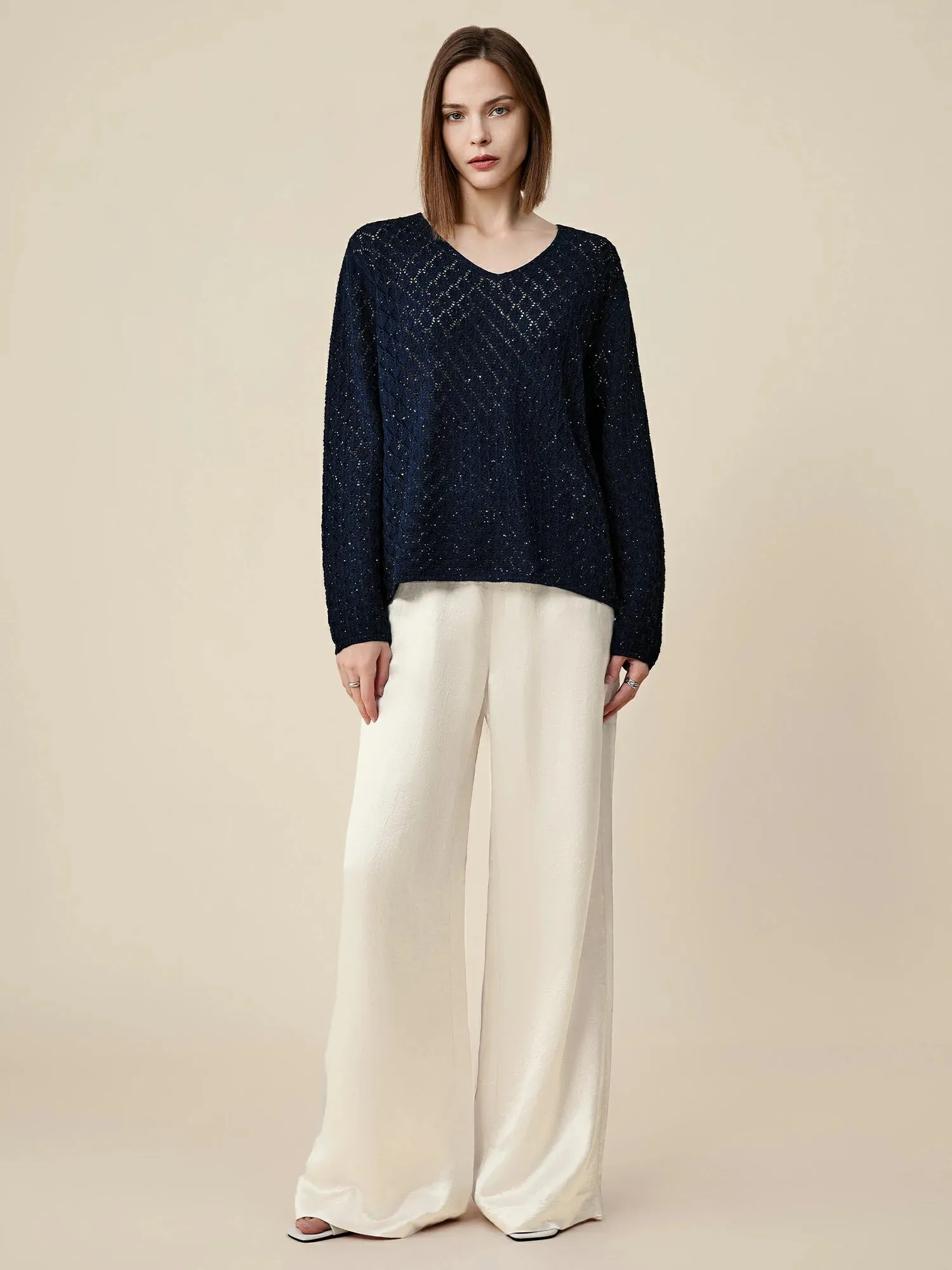 Amoretu Lyocell & Linen Openwork Sequin Knitted Top