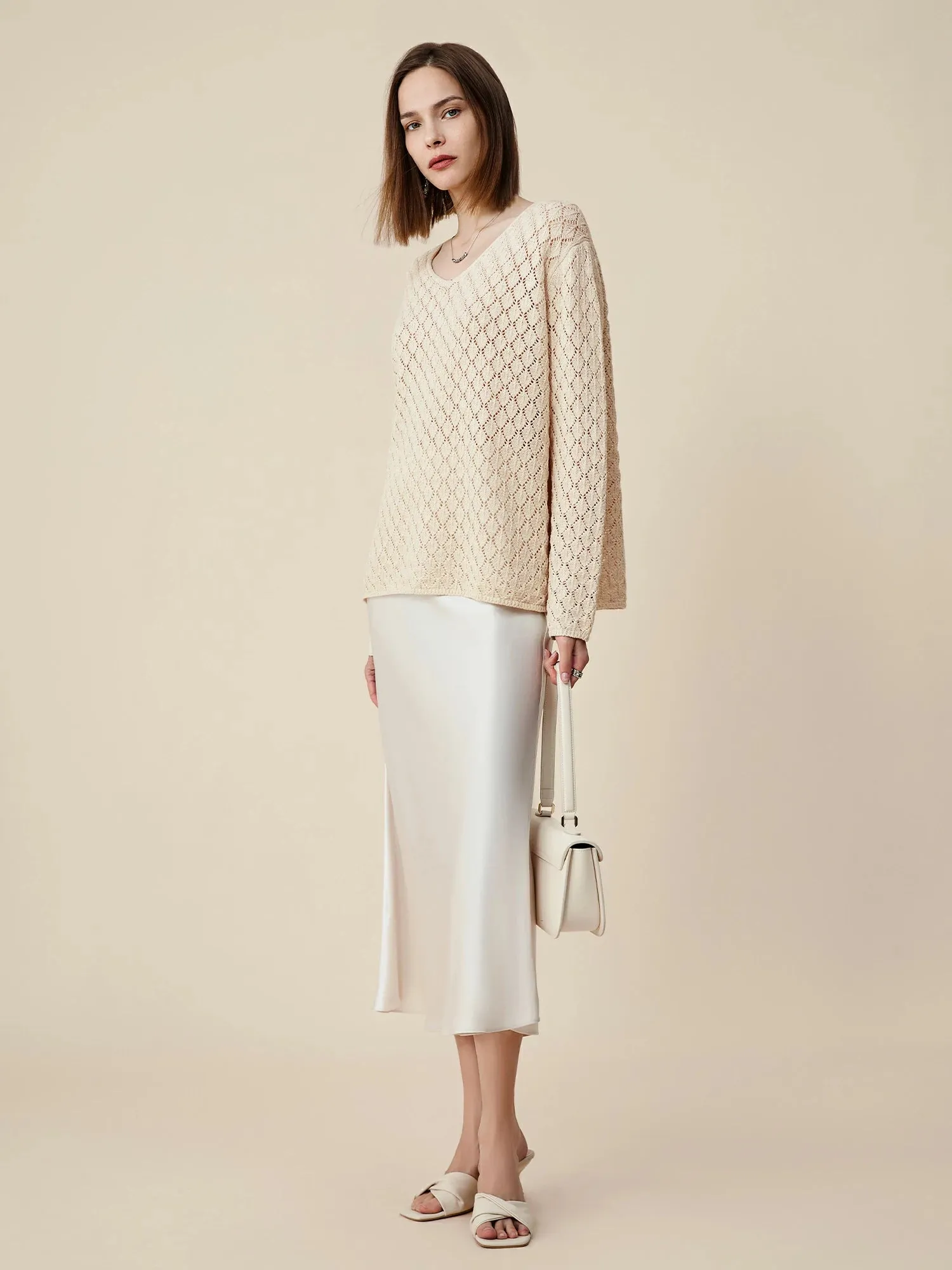 Amoretu Lyocell & Linen Openwork Sequin Knitted Top