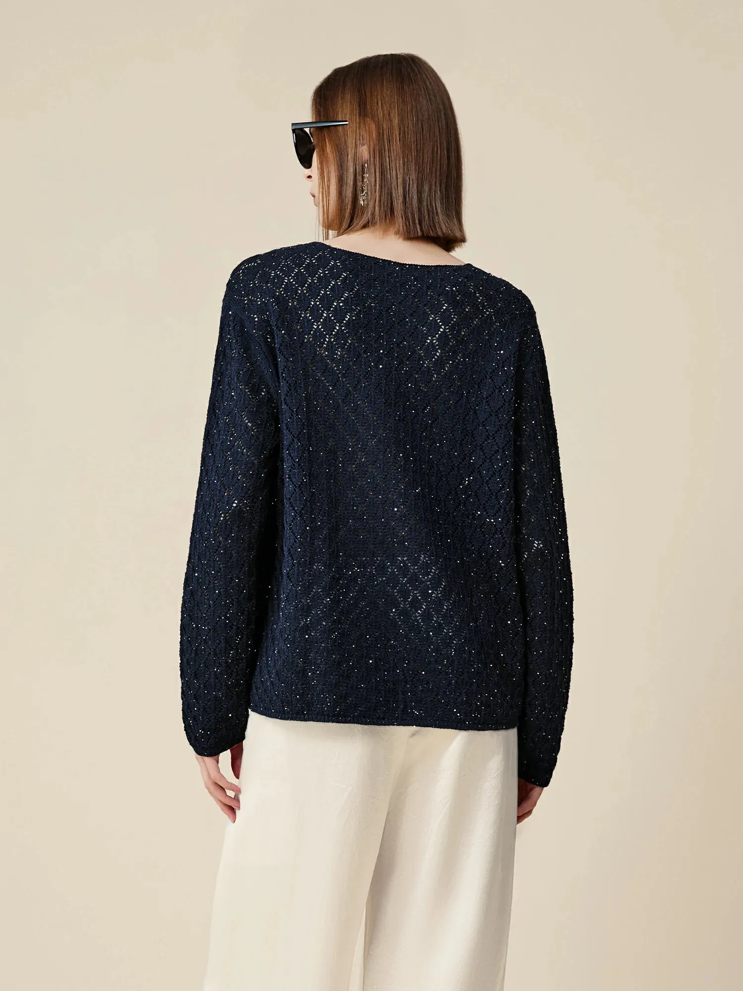 Amoretu Lyocell & Linen Openwork Sequin Knitted Top