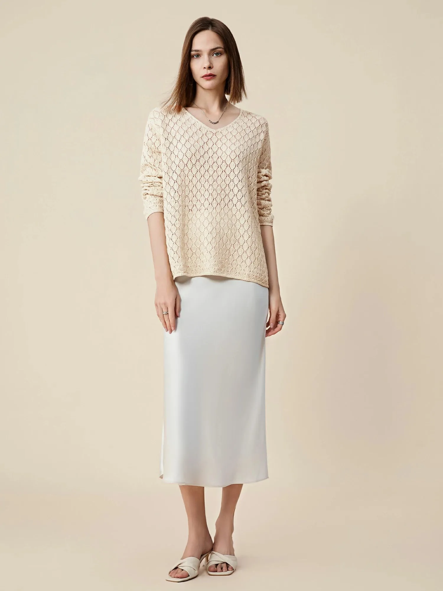 Amoretu Lyocell & Linen Openwork Sequin Knitted Top