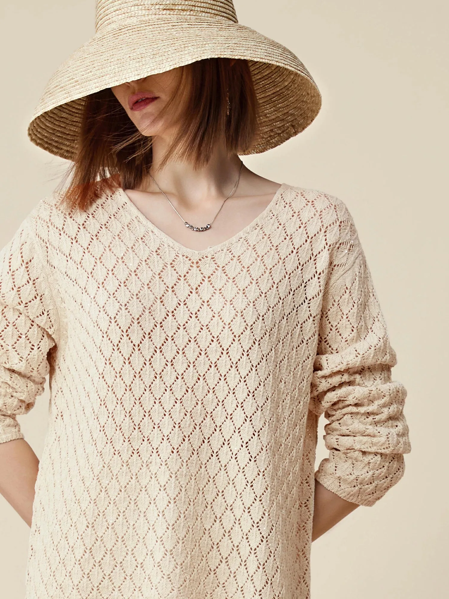 Amoretu Lyocell & Linen Openwork Sequin Knitted Top