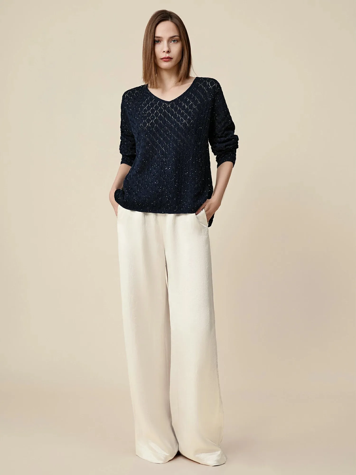 Amoretu Lyocell & Linen Openwork Sequin Knitted Top