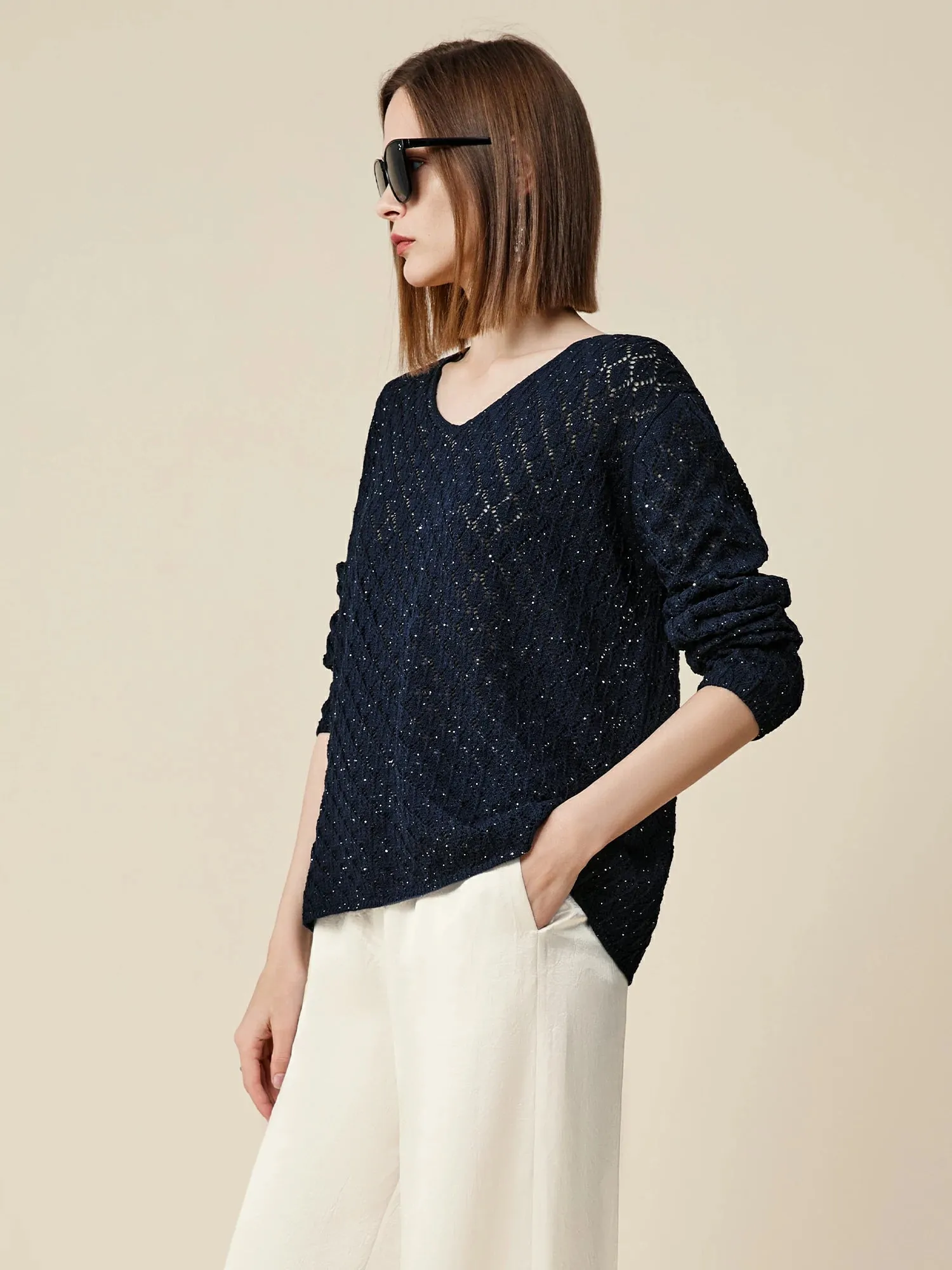 Amoretu Lyocell & Linen Openwork Sequin Knitted Top