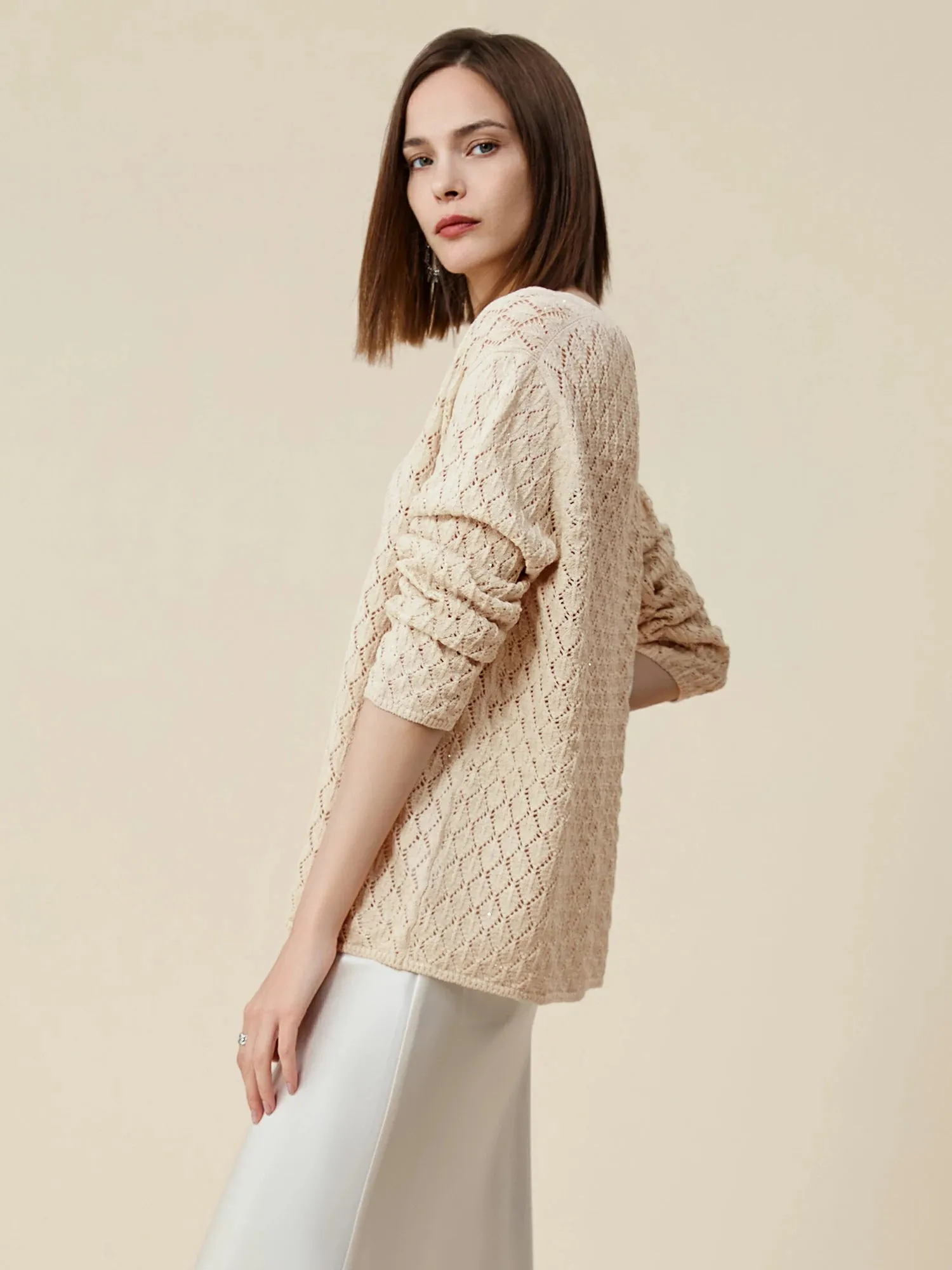 Amoretu Lyocell & Linen Openwork Sequin Knitted Top