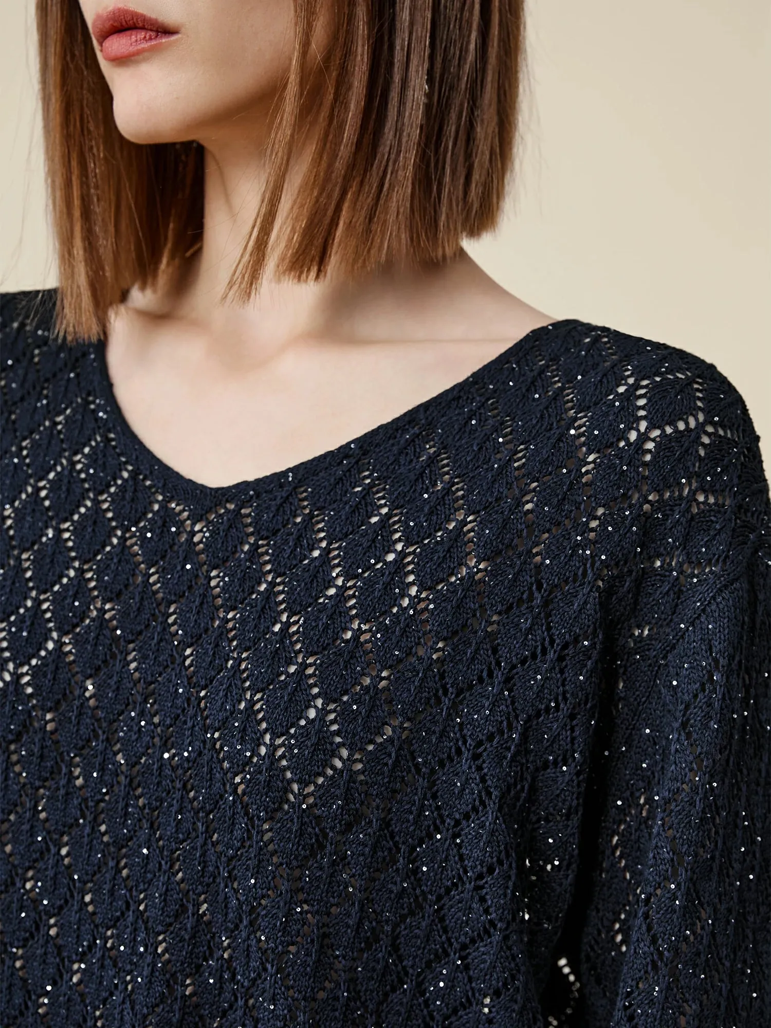 Amoretu Lyocell & Linen Openwork Sequin Knitted Top