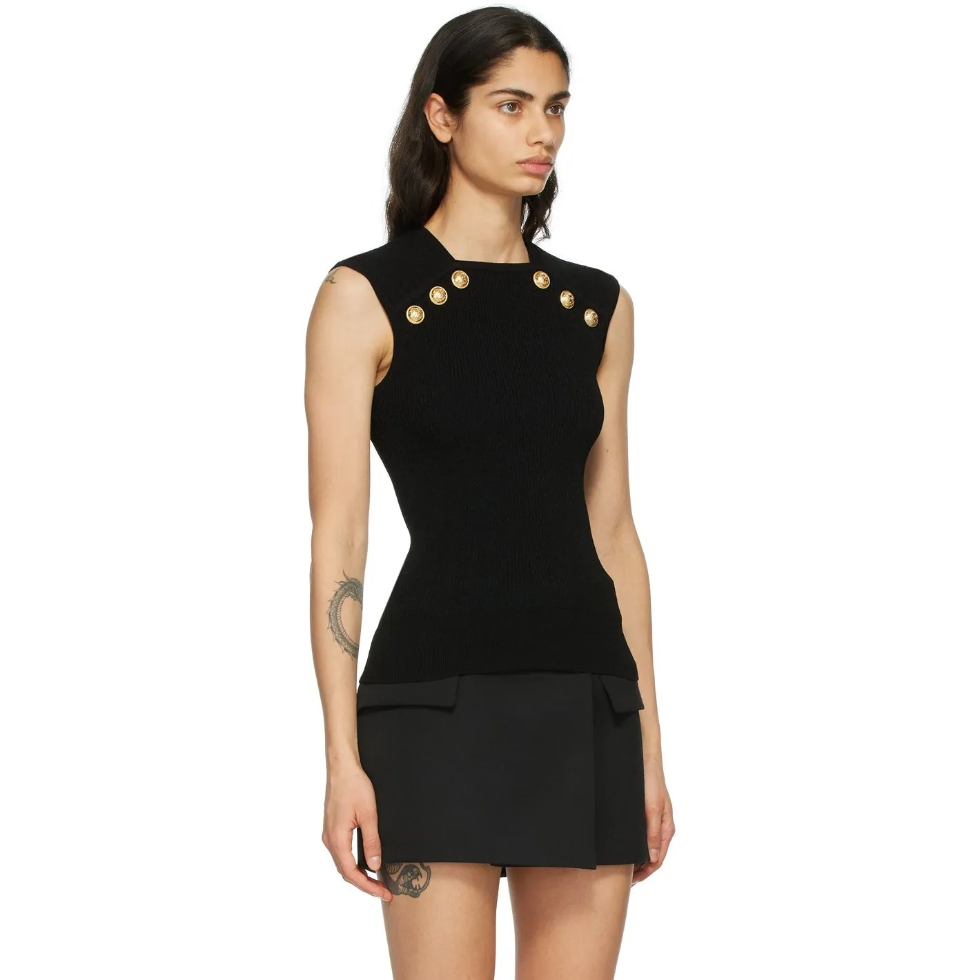 Balmain Black Knit Button Tank Top