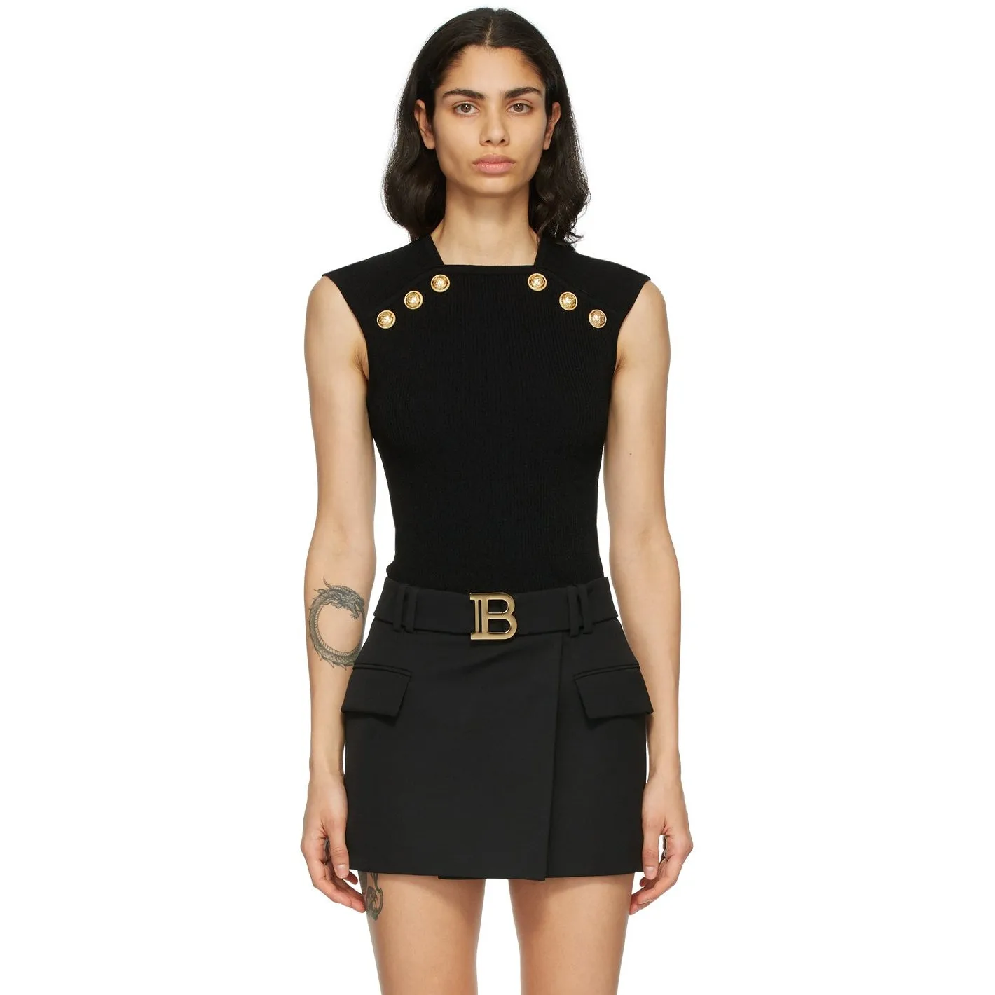 Balmain Black Knit Button Tank Top