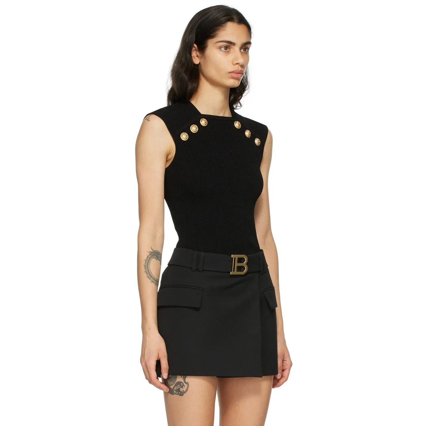 Balmain Black Knit Button Tank Top