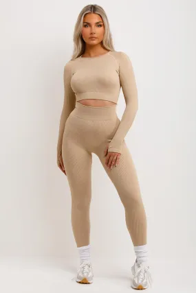 Beige Grey Tracksuit Rib Leggings And Top Set