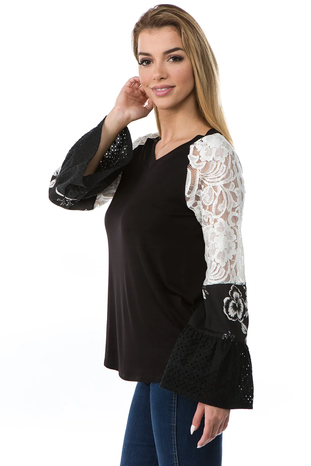 BIANCA RUFFLE SLEEVE TOP (BLACK)- VT2689