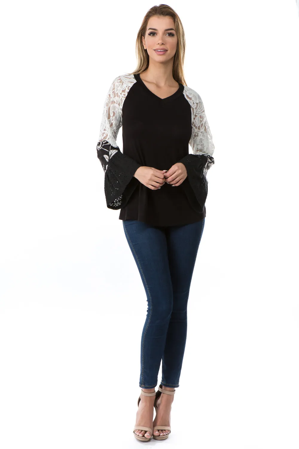 BIANCA RUFFLE SLEEVE TOP (BLACK)- VT2689