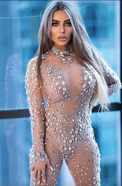 Birthday Outfit Catsuit Rhinestones Jumpsuit Crystal Outfits Pearls Full Diamond Bodysuit Dance Costume NEW IN