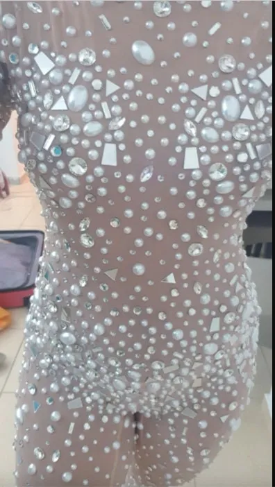 Birthday Outfit Catsuit Rhinestones Jumpsuit Crystal Outfits Pearls Full Diamond Bodysuit Dance Costume NEW IN