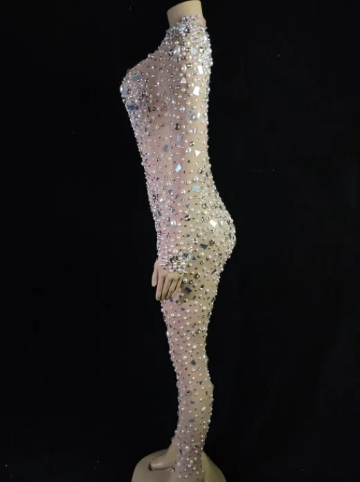 Birthday Outfit Catsuit Rhinestones Jumpsuit Crystal Outfits Pearls Full Diamond Bodysuit Dance Costume NEW IN