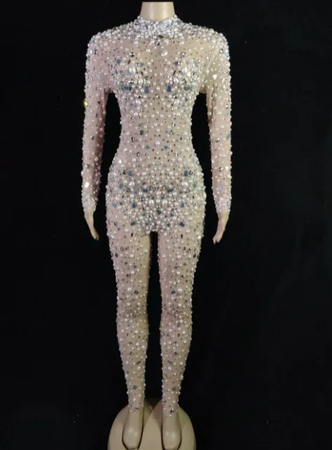 Birthday Outfit Catsuit Rhinestones Jumpsuit Crystal Outfits Pearls Full Diamond Bodysuit Dance Costume NEW IN