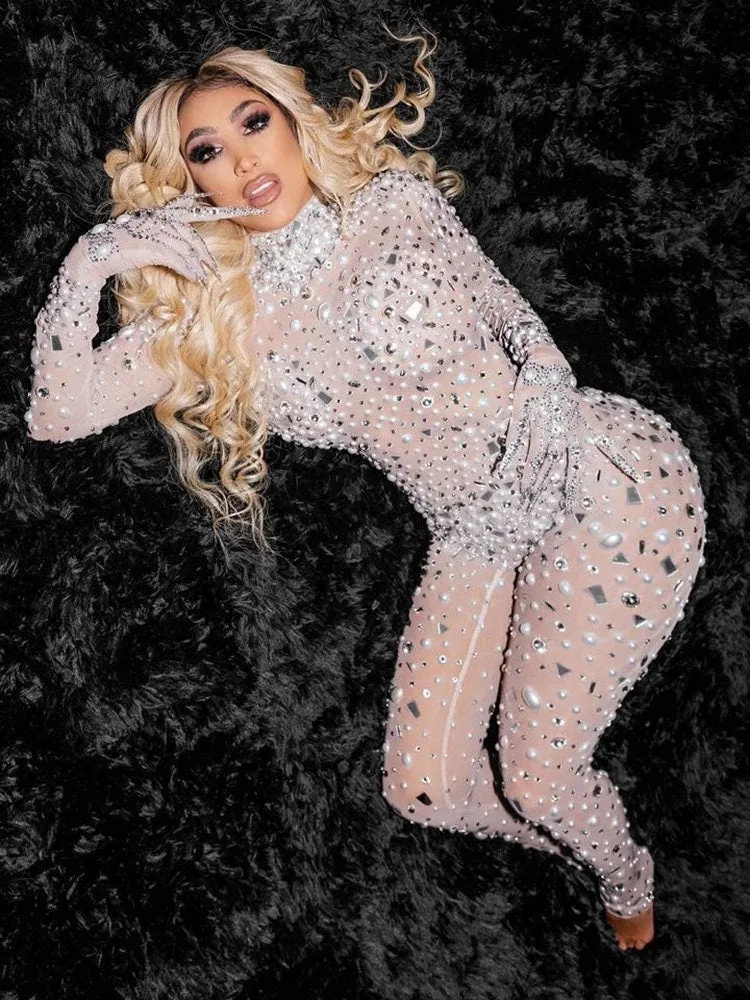 Birthday Outfit Catsuit Rhinestones Jumpsuit Crystal Outfits Pearls Full Diamond Bodysuit Dance Costume NEW IN