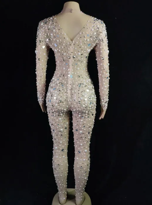 Birthday Outfit Catsuit Rhinestones Jumpsuit Crystal Outfits Pearls Full Diamond Bodysuit Dance Costume NEW IN