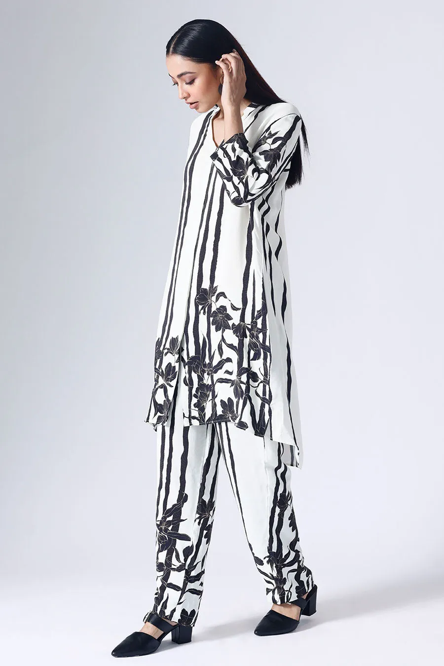 Black & White Floral Stripe Tunic With Pant Set
