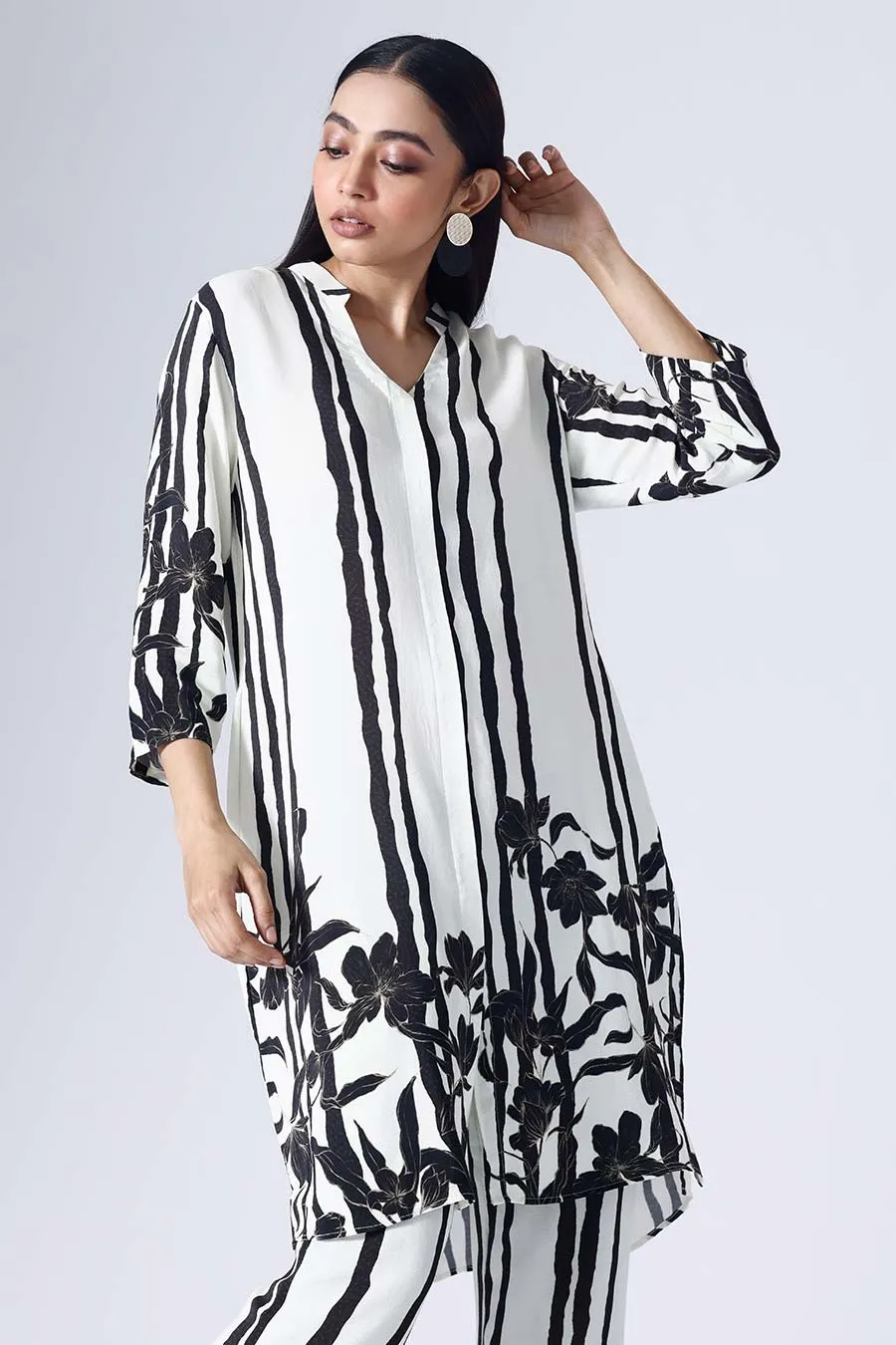 Black & White Floral Stripe Tunic With Pant Set