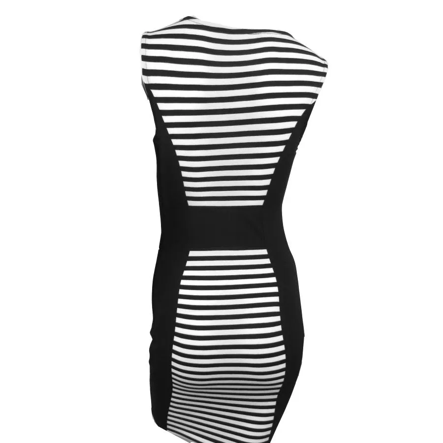 Black & White Striped Panel Fitted Bodycon Dress
