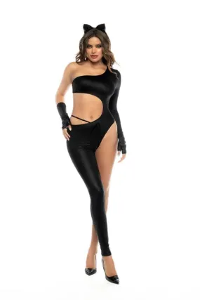 Black Asymmetrical Gloss Vinyl Stylized Panther Jumpsuit Catsuit