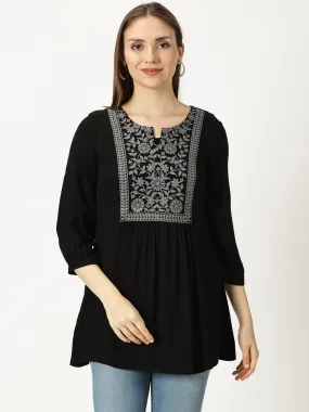 Black Floral Print Cotton Tunic with Lucknowi Chikankari Yoke