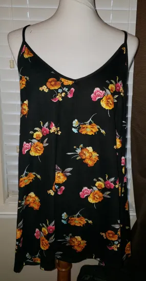 Black Floral Print Tank With Spaghetti Straps and Cutout Details