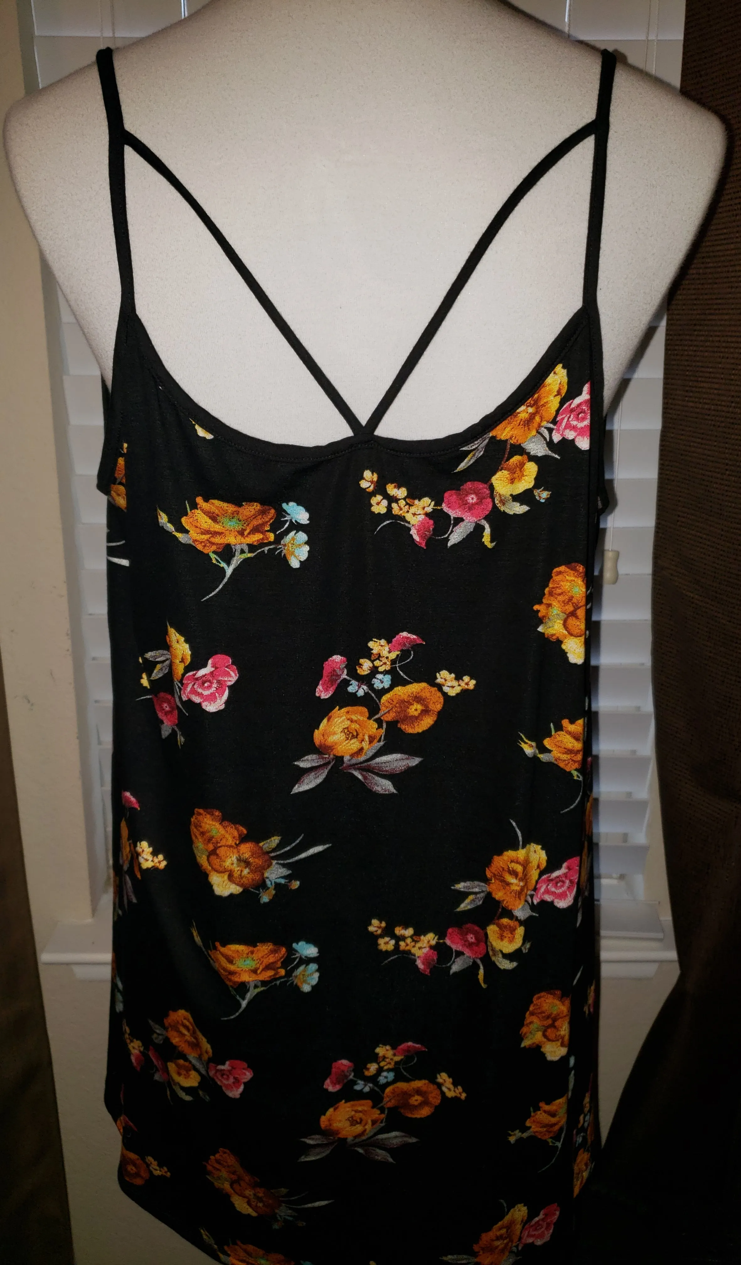 Black Floral Print Tank With Spaghetti Straps and Cutout Details