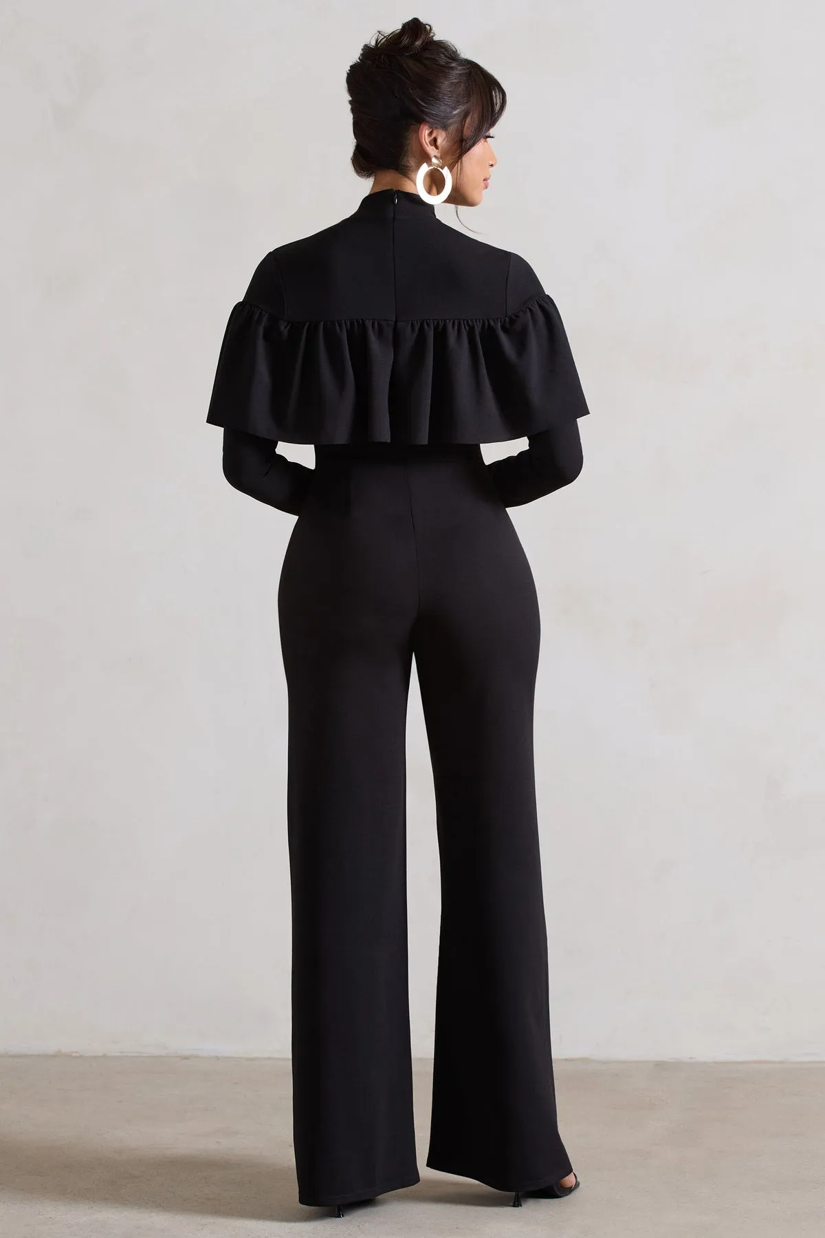 Black High-Neck Straight-Leg Jumpsuit with Ruffles
