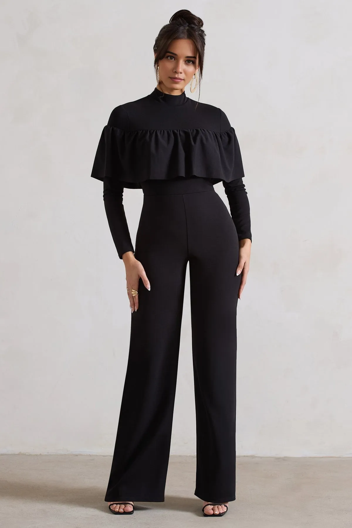 Black High-Neck Straight-Leg Jumpsuit with Ruffles