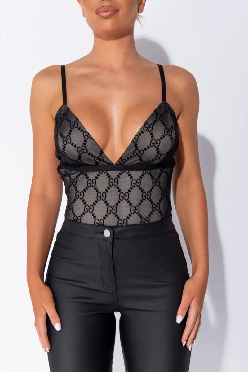 Black Mesh Logo Strappy Bodysuit