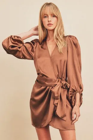 Bronze Satin Wrap Mini-Dress