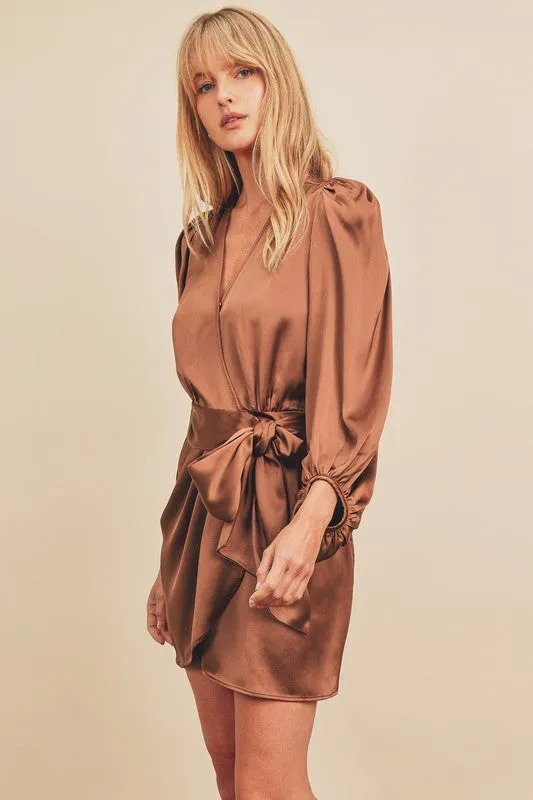 Bronze Satin Wrap Mini-Dress