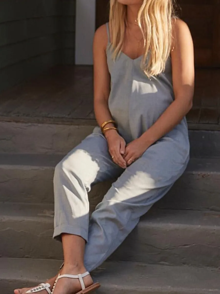 Casual Loose V-neck Sleeveless Solid Color Pregnant Women's Jumpsuit