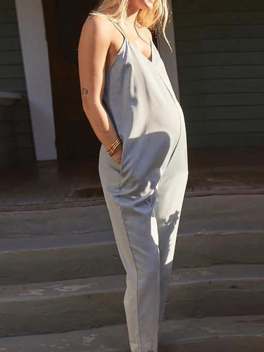 Casual Loose V-neck Sleeveless Solid Color Pregnant Women's Jumpsuit