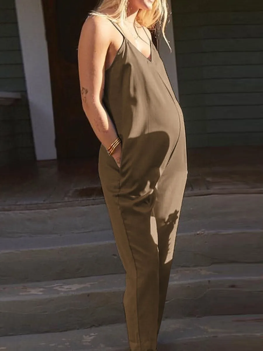 Casual Loose V-neck Sleeveless Solid Color Pregnant Women's Jumpsuit