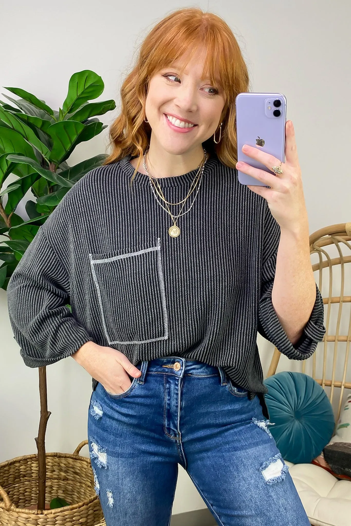 Celiana Ribbed Knit Pocket Top - FINAL SALE