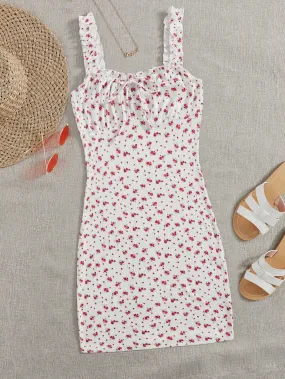 Ditsy Floral Print Tie Front Ruched Bust Dress
