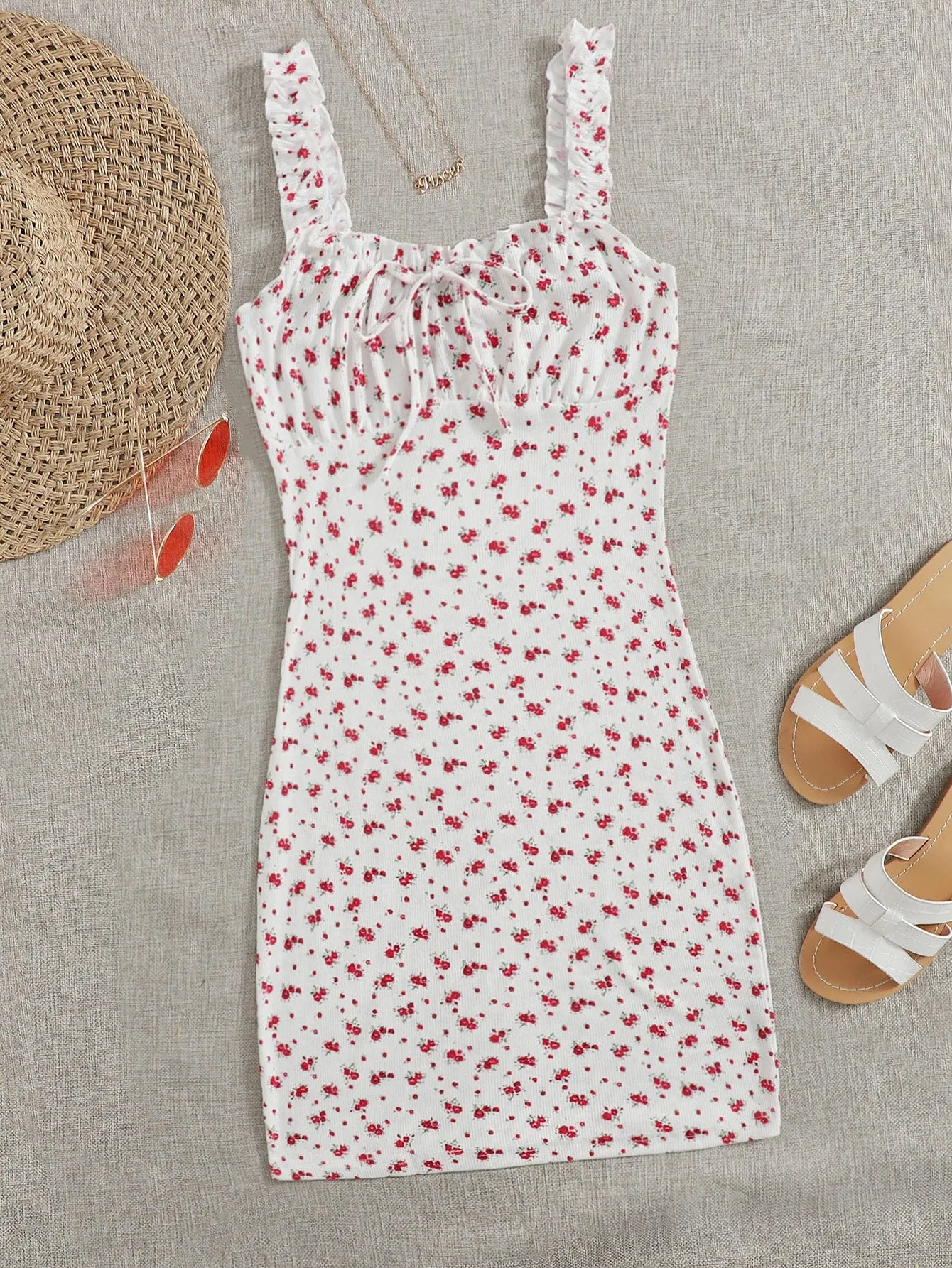 Ditsy Floral Print Tie Front Ruched Bust Dress