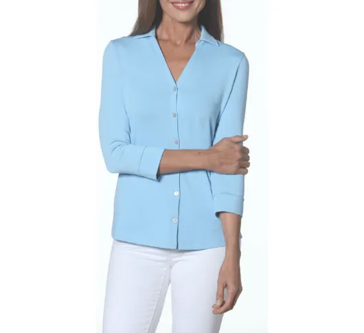 E.L.I - Knit Button Down Collared Top in Sky