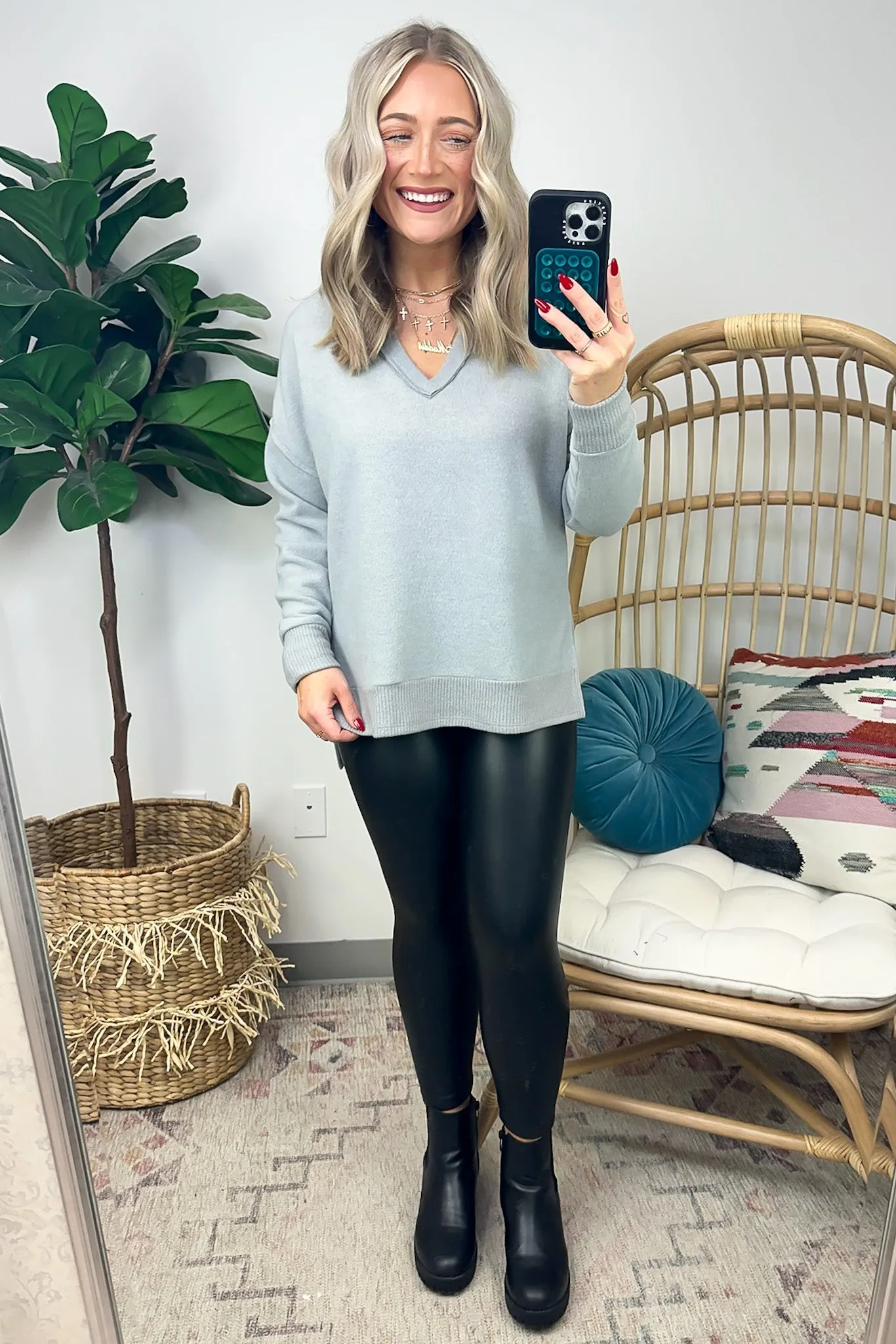 Elvy Long Sleeve Split V-Neck Brushed Knit Top