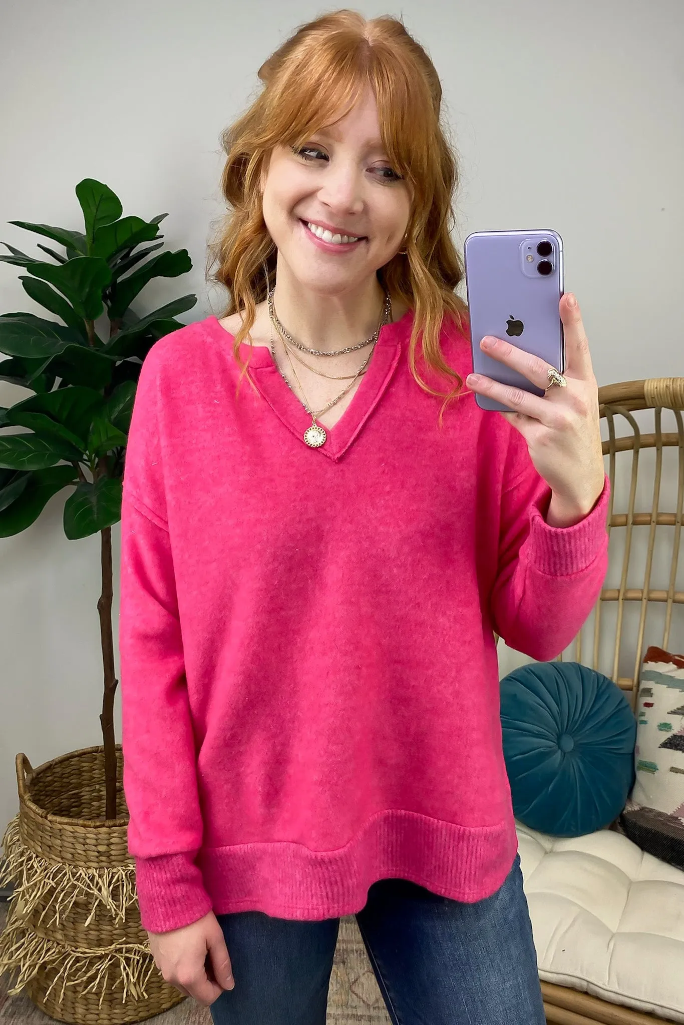 Elvy Long Sleeve Split V-Neck Brushed Knit Top